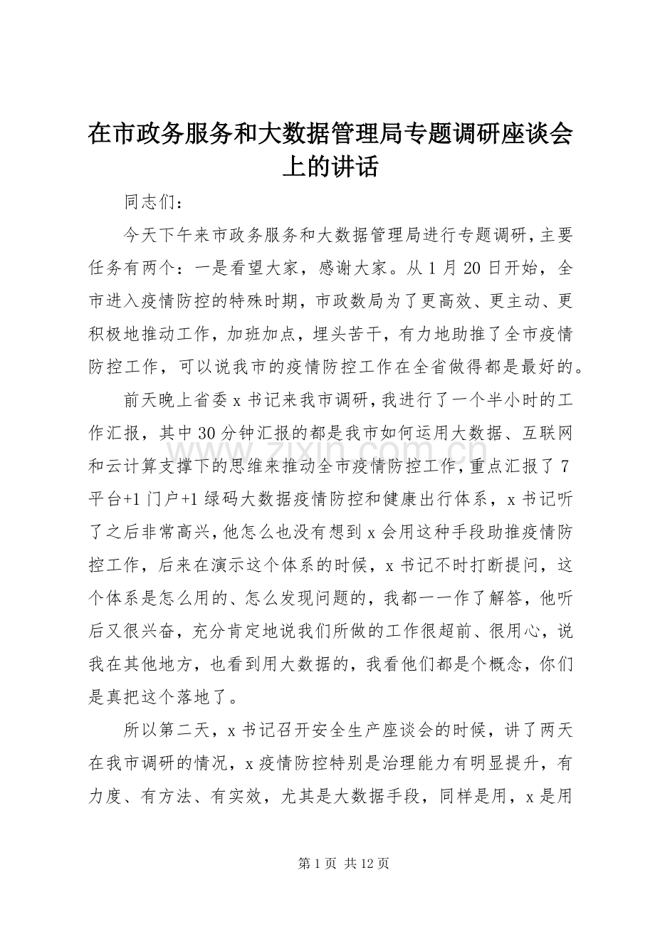 在市政务服务和大数据管理局专题调研座谈会上的讲话.docx_第1页