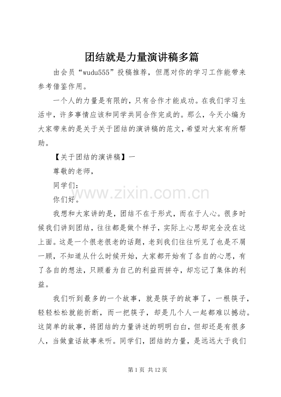 团结就是力量演讲稿多篇.docx_第1页