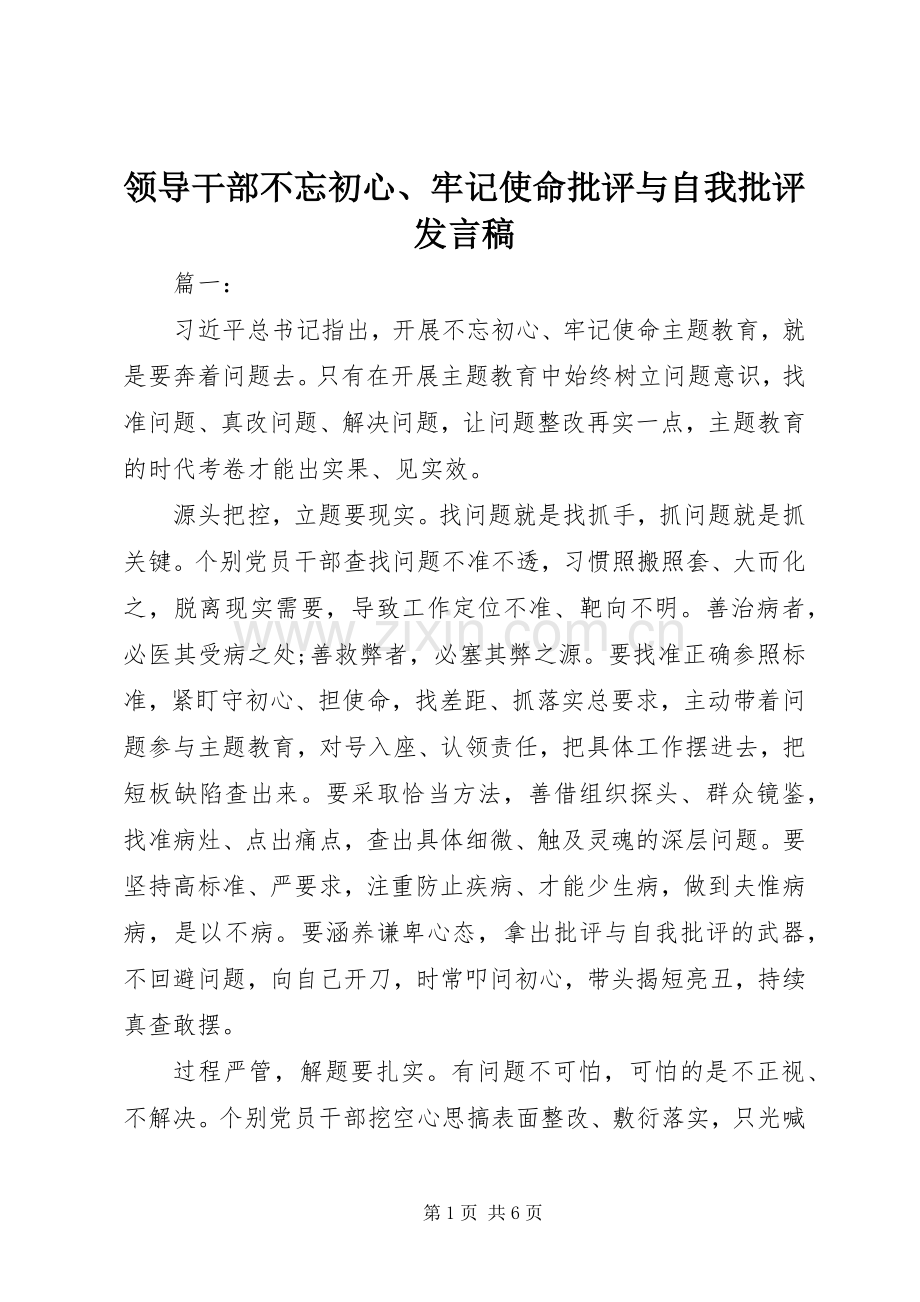 领导干部不忘初心、牢记使命批评与自我批评发言稿.docx_第1页