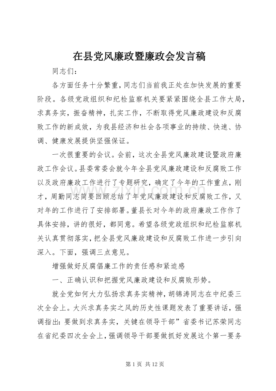 在县党风廉政暨廉政会发言.docx_第1页