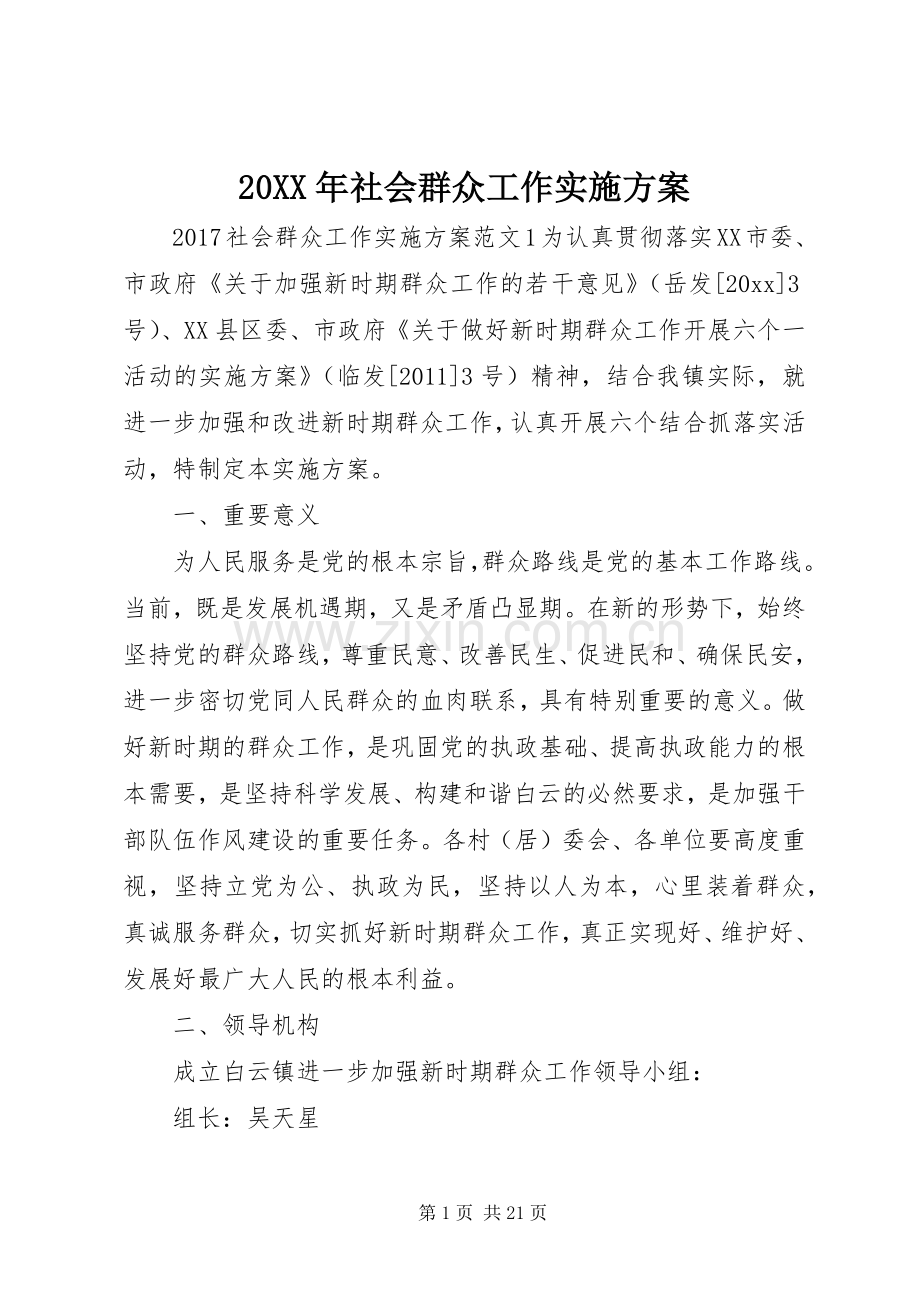 XX年社会群众工作方案.docx_第1页