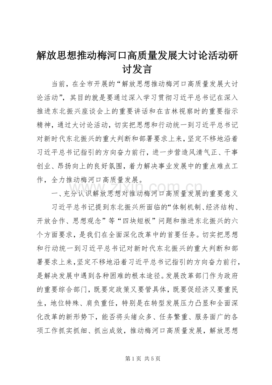 解放思想推动梅河口高质量发展大讨论活动研讨发言稿.docx_第1页
