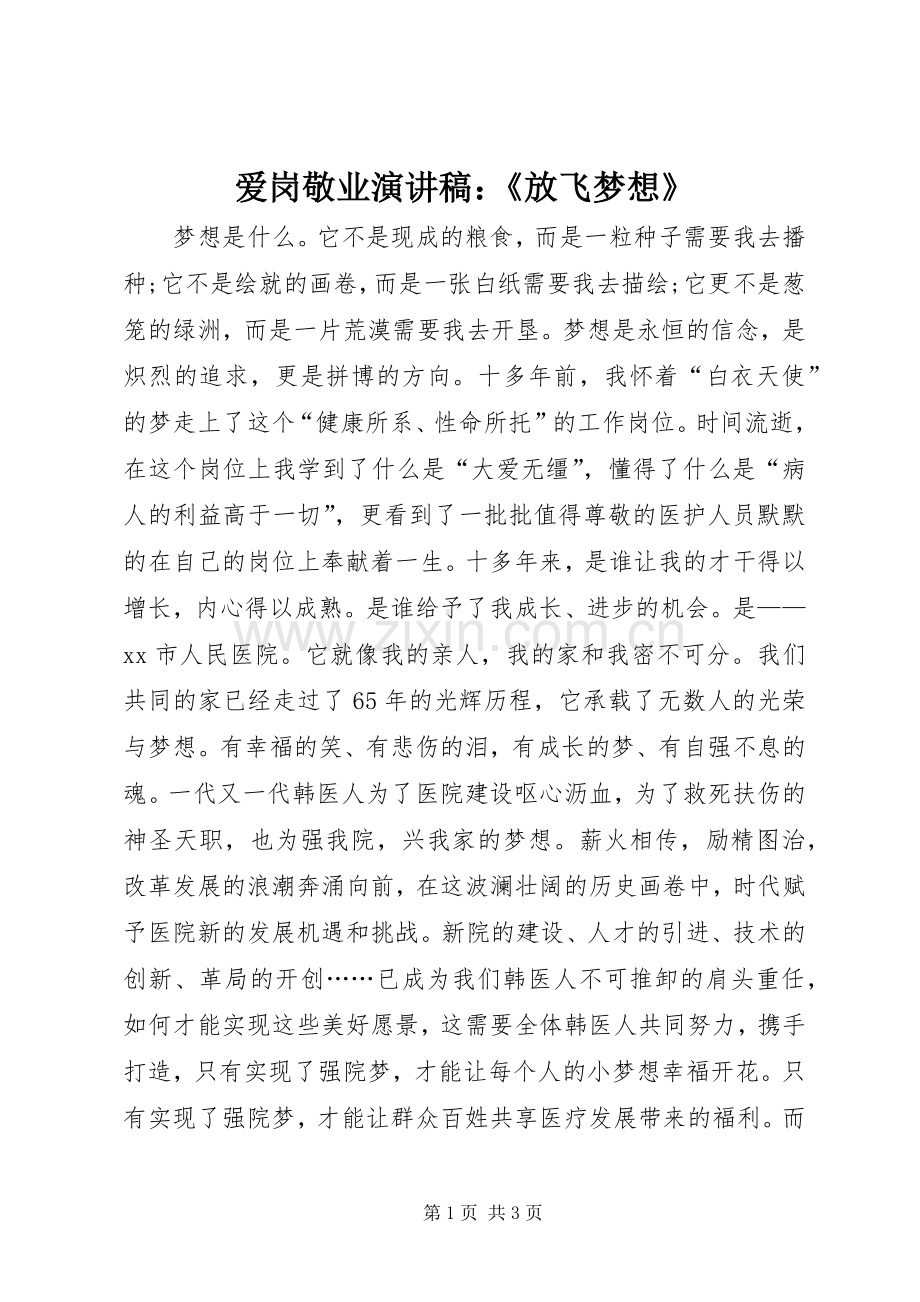 爱岗敬业演讲稿：《放飞梦想》.docx_第1页