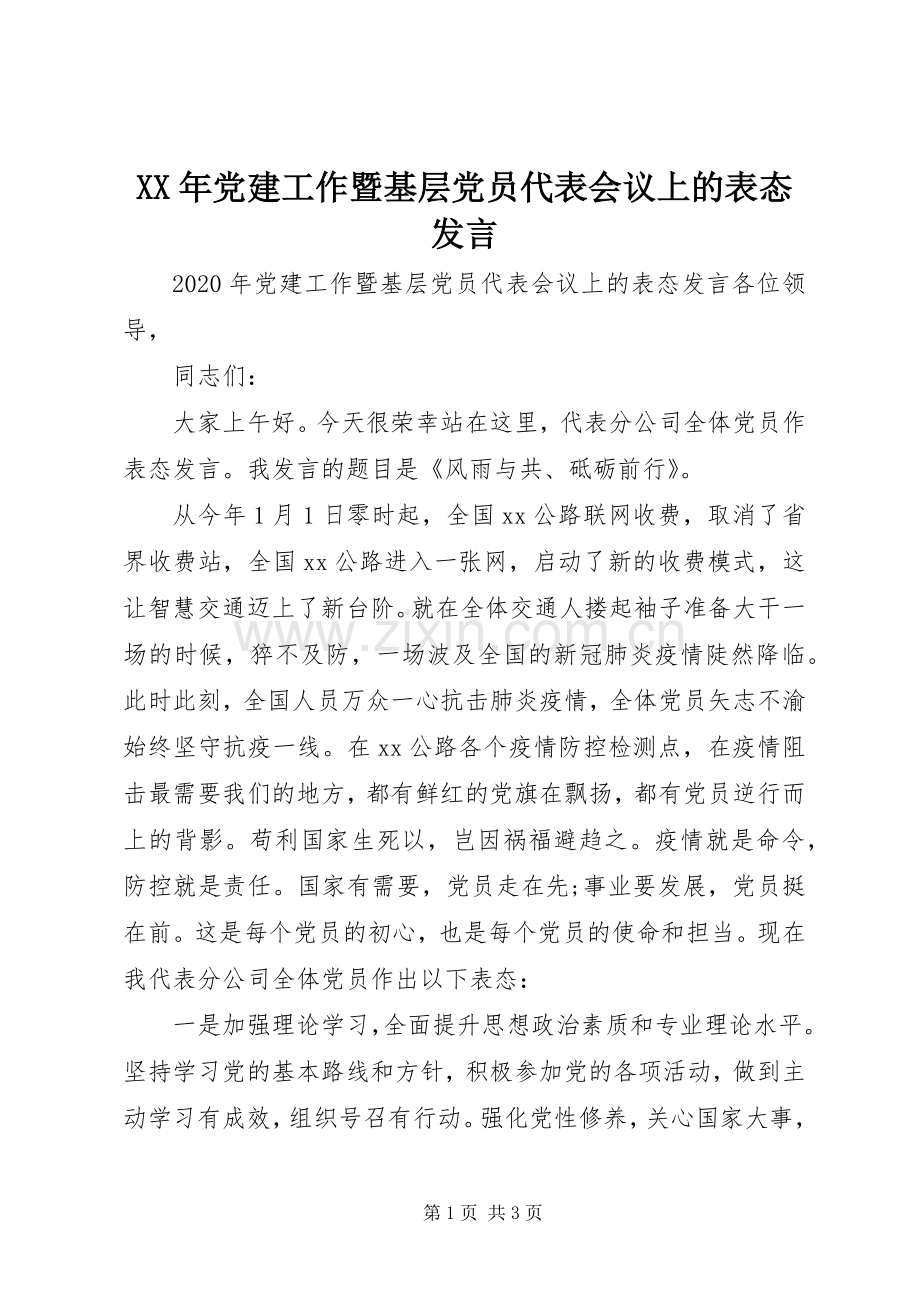 XX年党建工作暨基层党员代表会议上的表态发言稿.docx_第1页