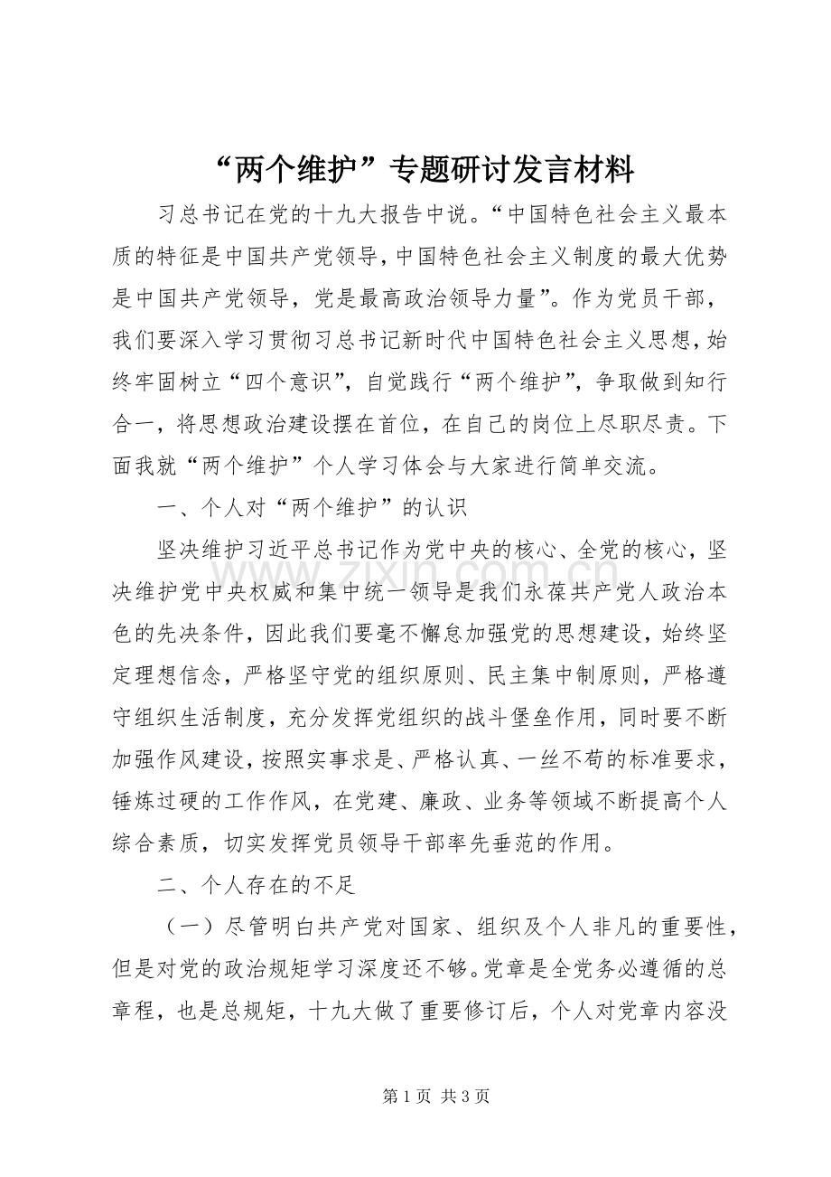 “两个维护”专题研讨发言材料提纲.docx_第1页