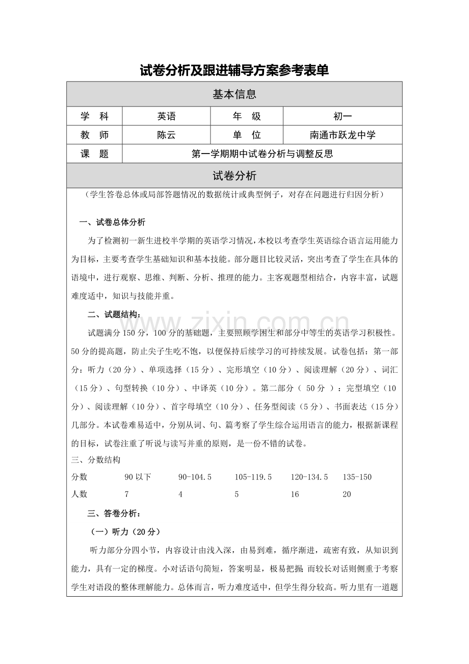 单元试卷分析报告及跟进辅导方案.doc_第1页