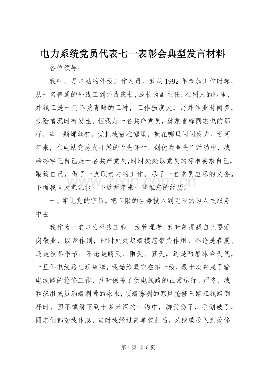 电力系统党员代表七一表彰会典型发言材料.docx_第1页