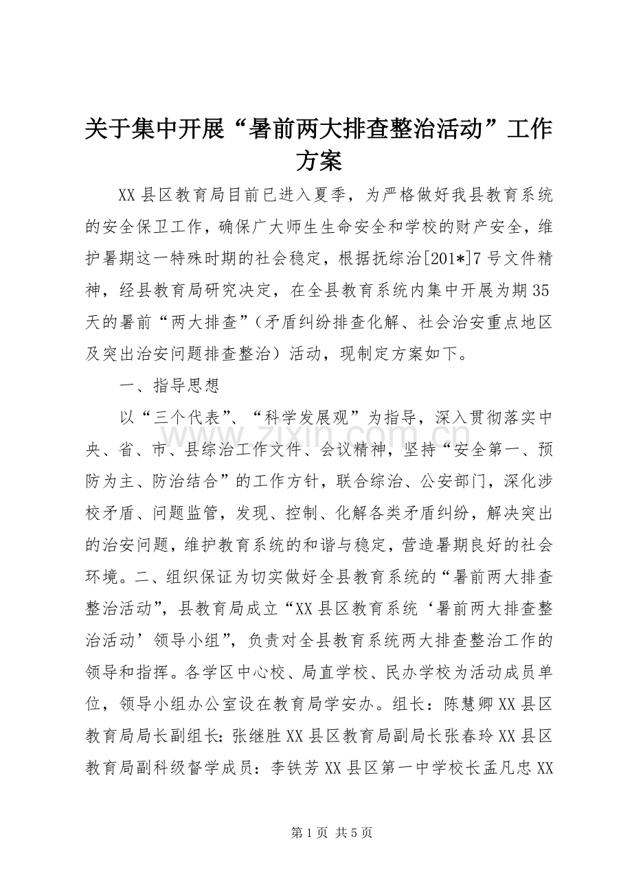 关于集中开展“暑前两大排查整治活动”工作实施方案.docx_第1页