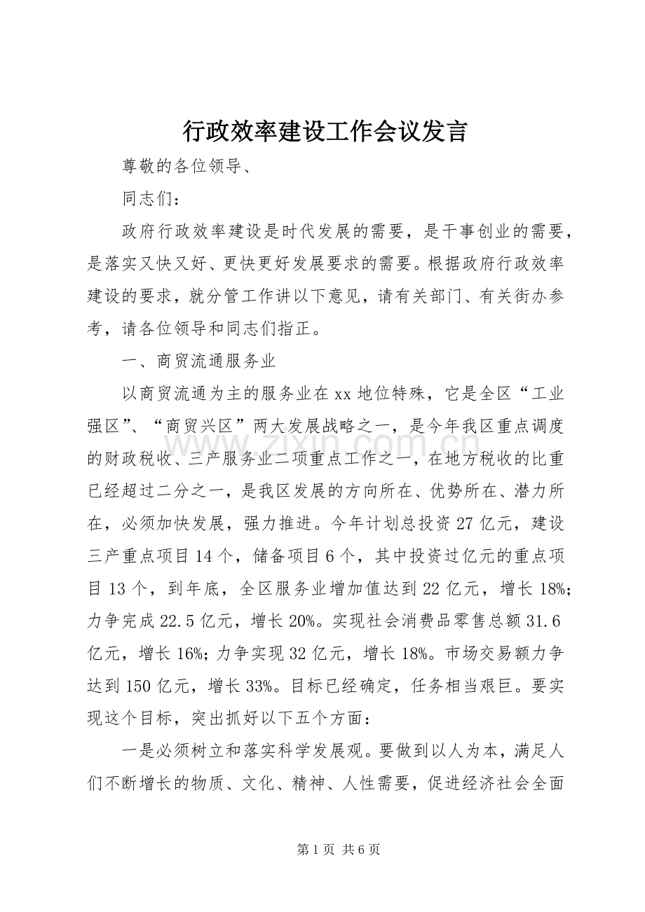 行政效率建设工作会议发言稿.docx_第1页