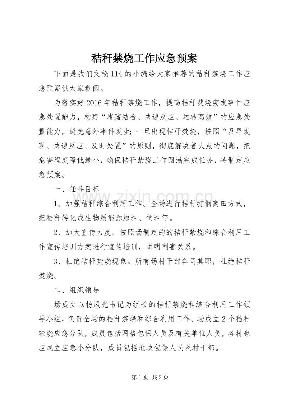 秸秆禁烧工作应急处理预案.docx_第1页
