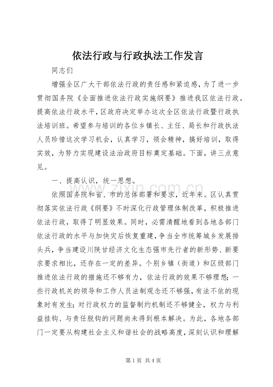 依法行政与行政执法工作发言稿.docx_第1页