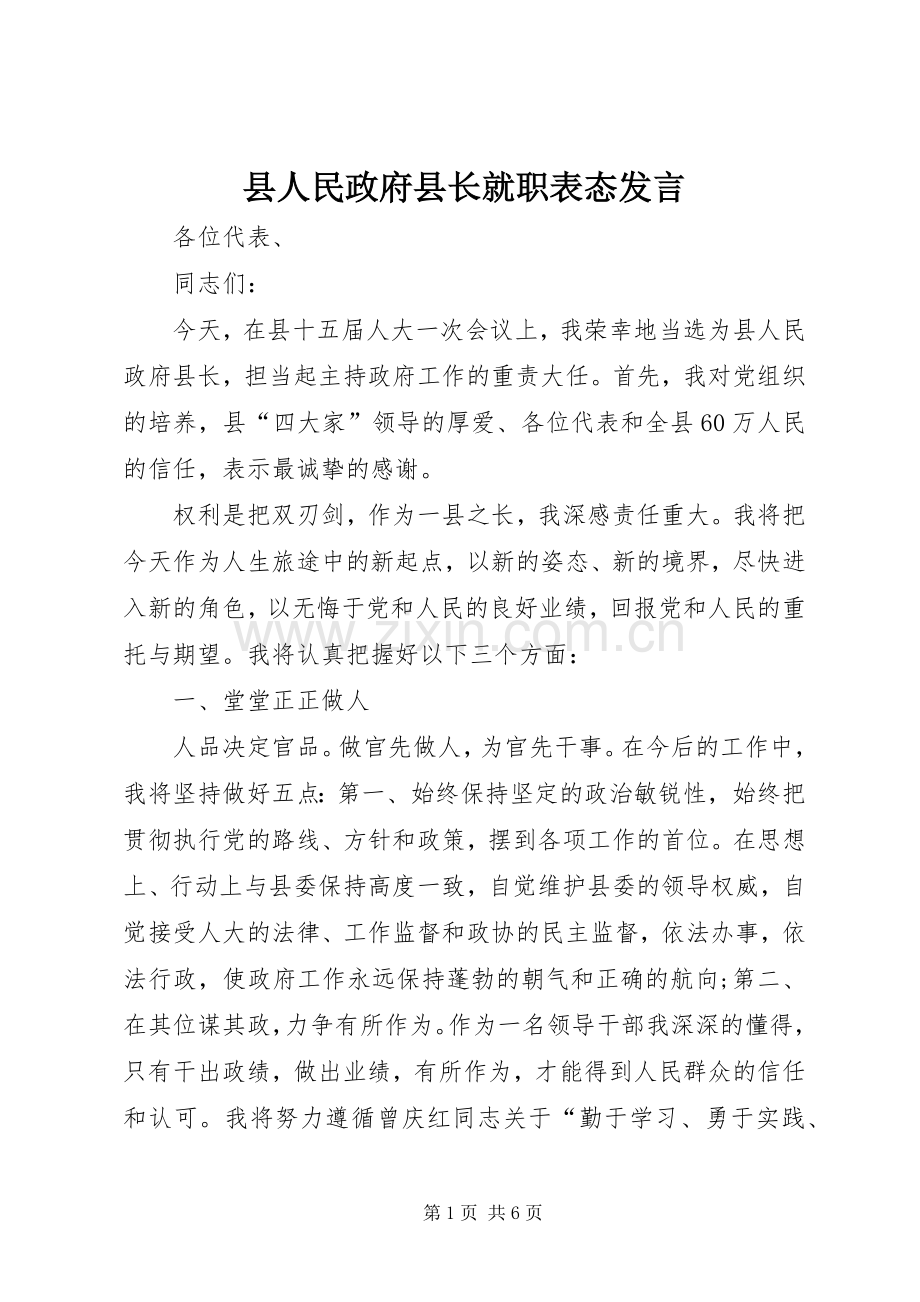 县人民政府县长就职表态发言.docx_第1页