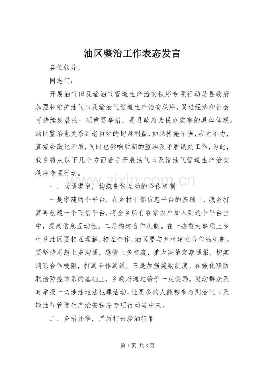 油区整治工作表态发言.docx_第1页