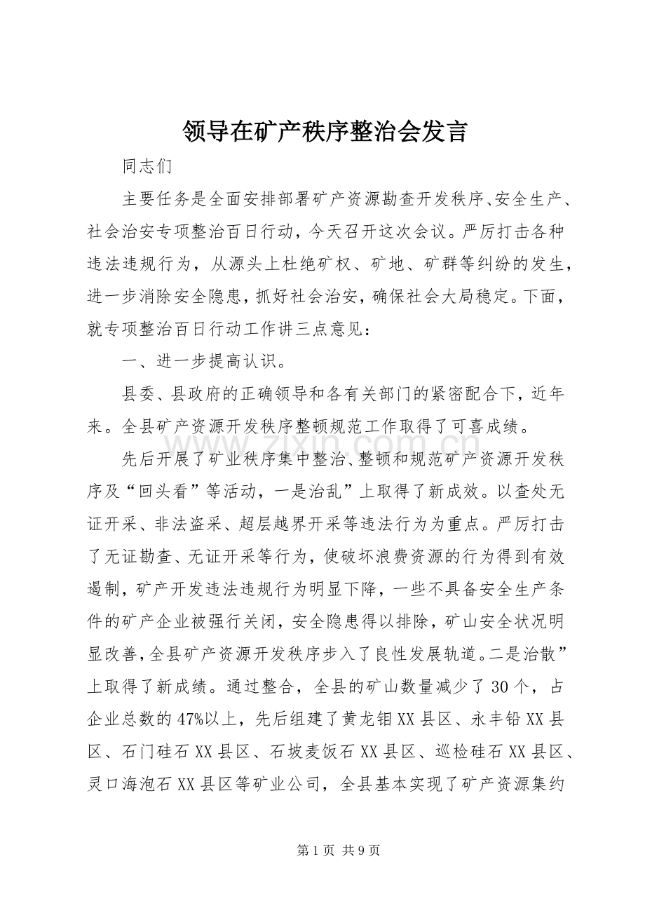 领导在矿产秩序整治会发言.docx_第1页