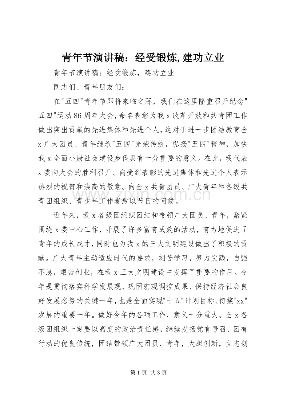 青年节演讲稿：经受锻炼,建功立业.docx_第1页