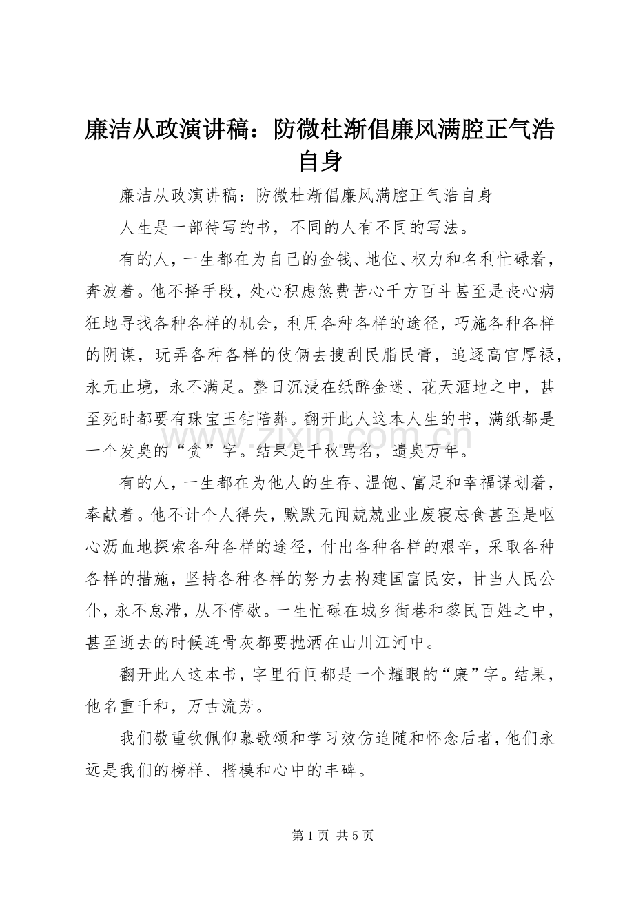 廉洁从政演讲稿：防微杜渐倡廉风满腔正气浩自身.docx_第1页