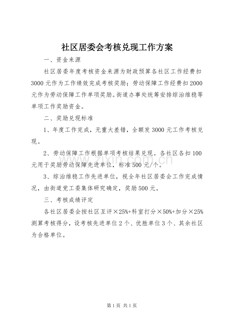 社区居委会考核兑现工作实施方案.docx_第1页