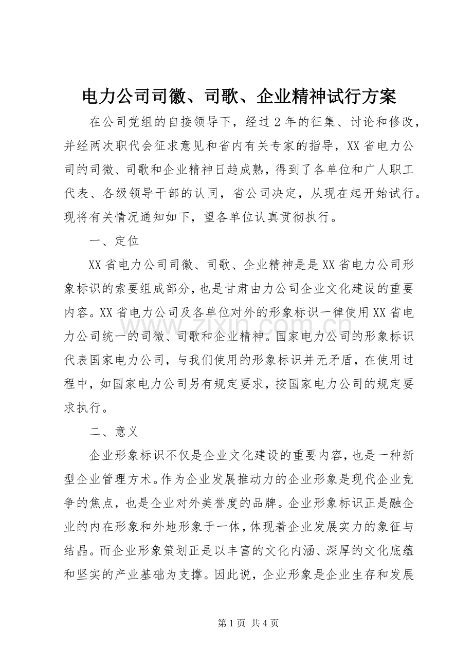 电力公司司徽、司歌、企业精神试行实施方案.docx_第1页
