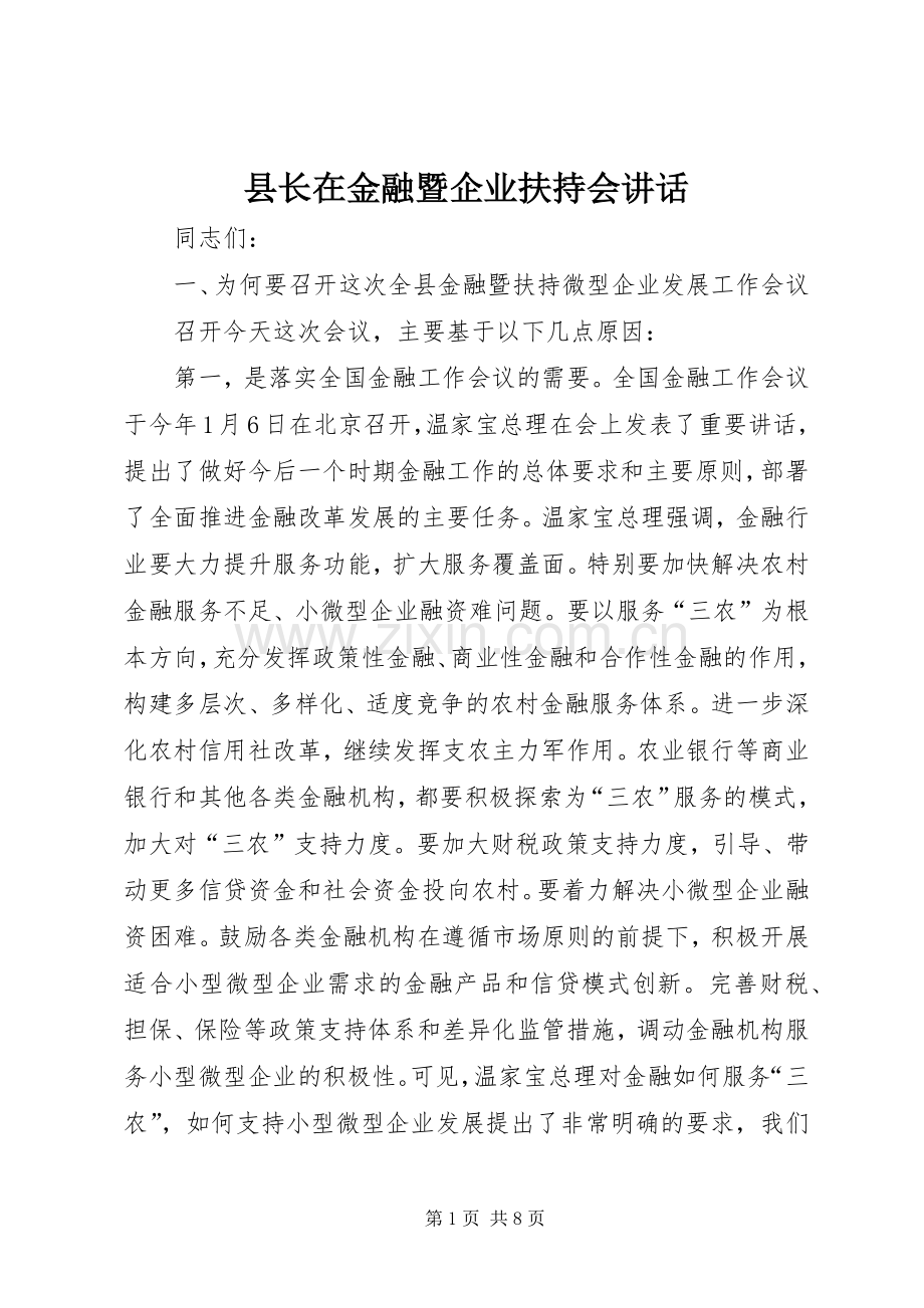 县长在金融暨企业扶持会讲话.docx_第1页