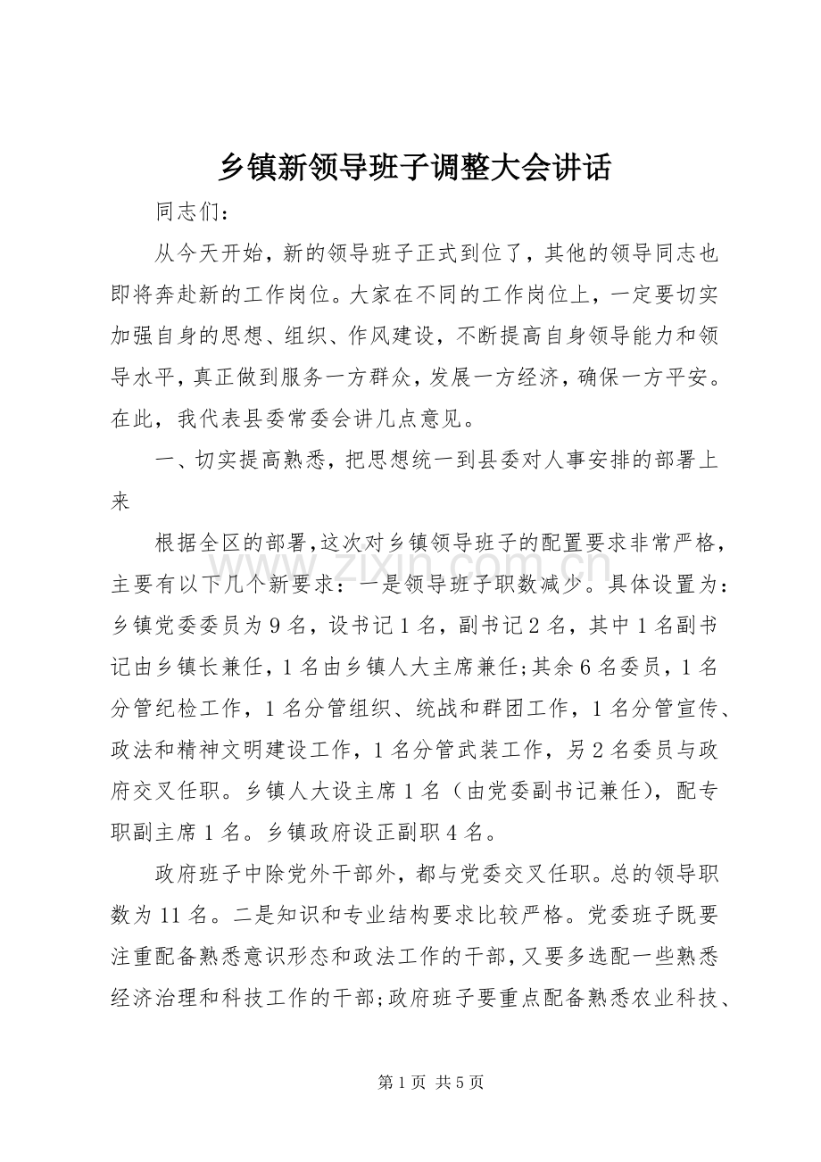 乡镇新领导班子调整大会讲话.docx_第1页