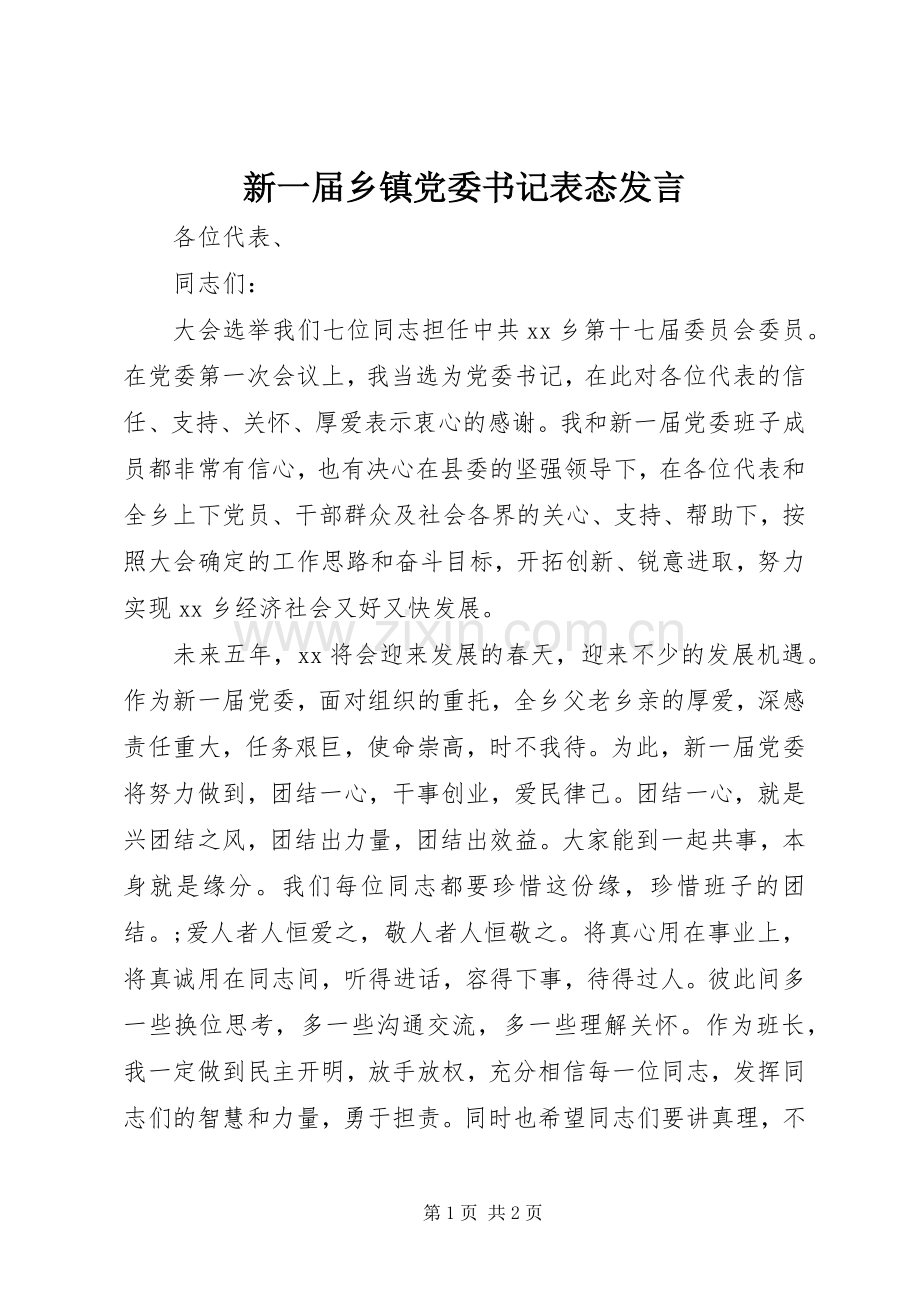 新一届乡镇党委书记表态发言稿.docx_第1页