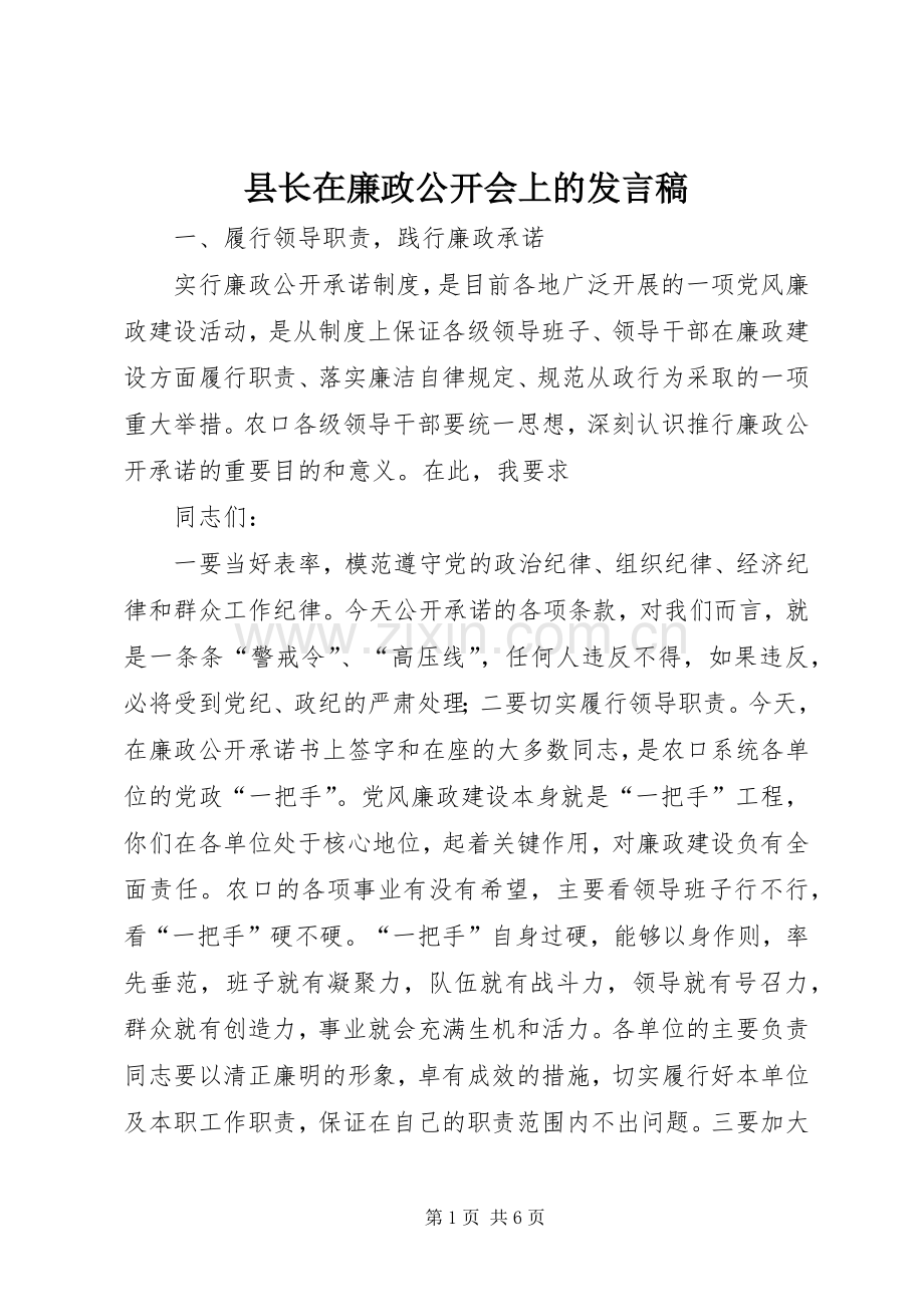 县长在廉政公开会上的发言.docx_第1页