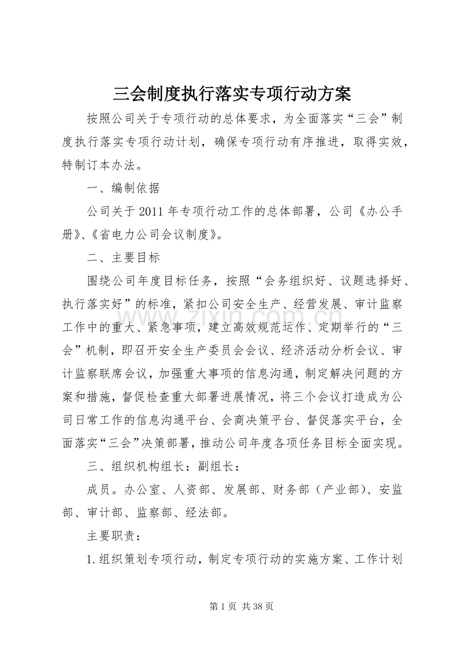 三会制度执行落实专项行动实施方案.docx_第1页