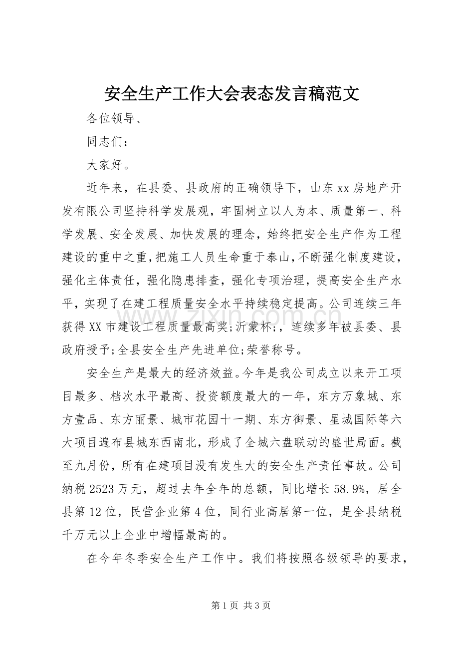安全生产工作大会表态发言范文.docx_第1页
