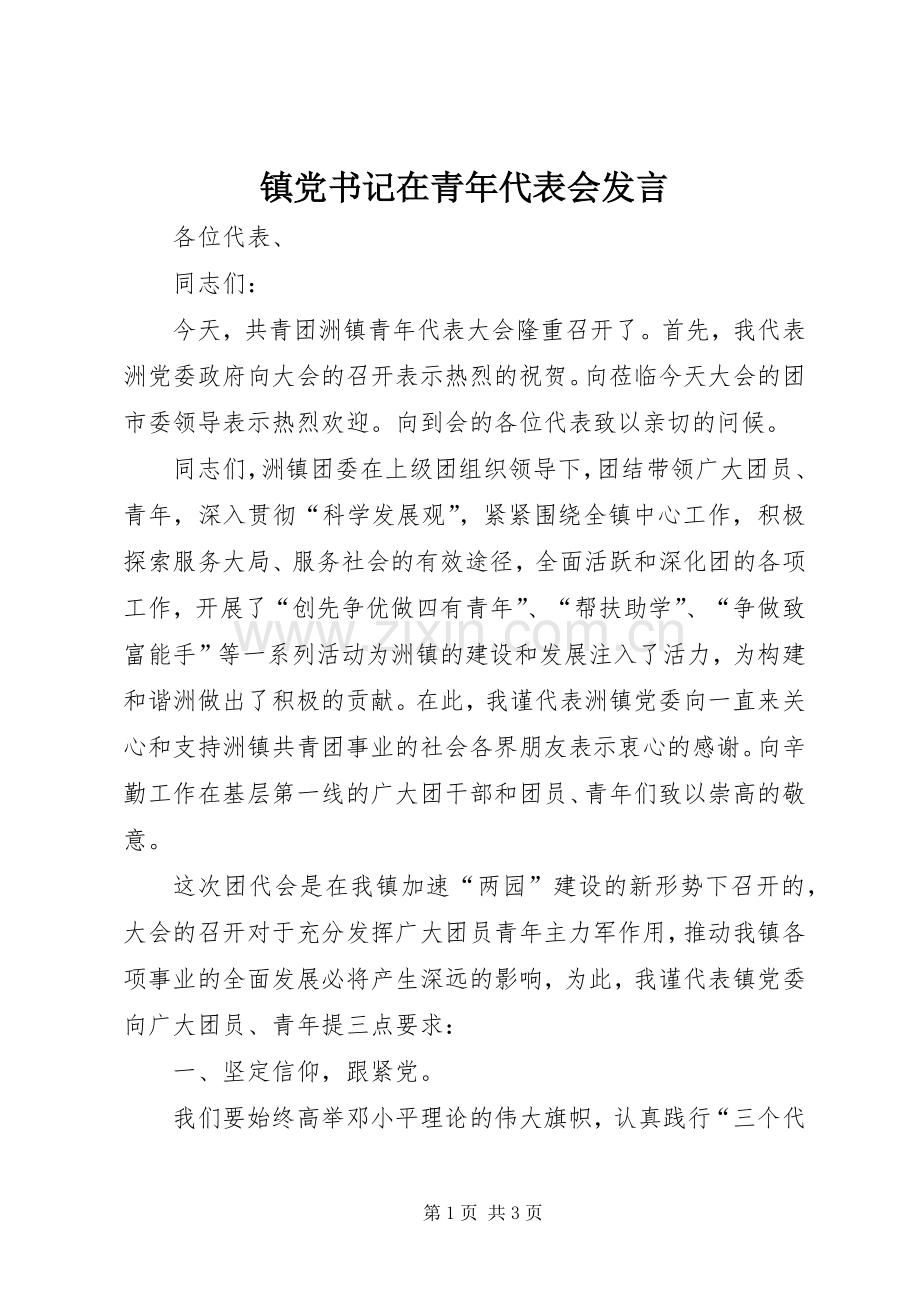 镇党书记在青年代表会发言.docx_第1页