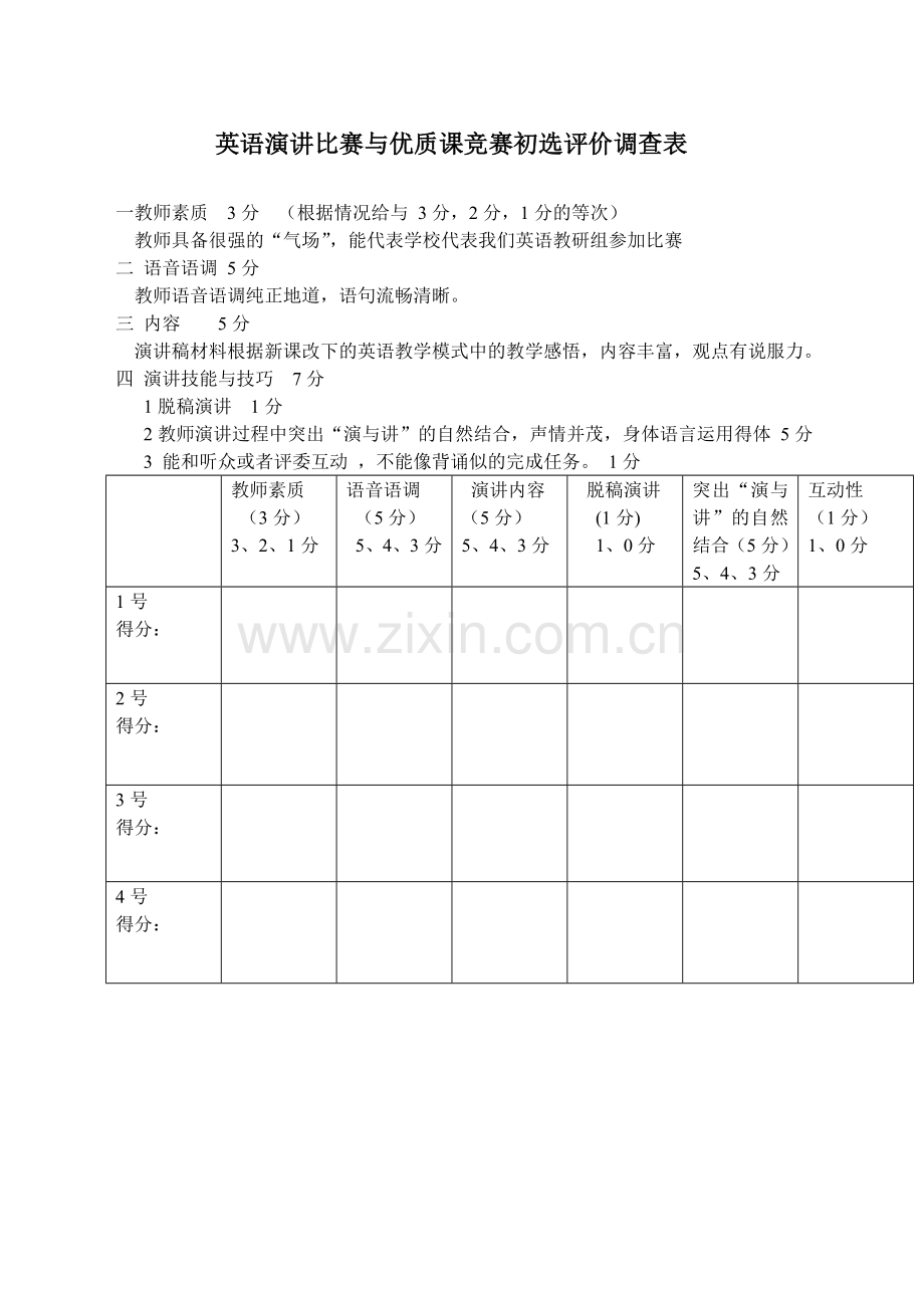 英语演讲比赛与优质课竞赛初选调查表.doc_第1页