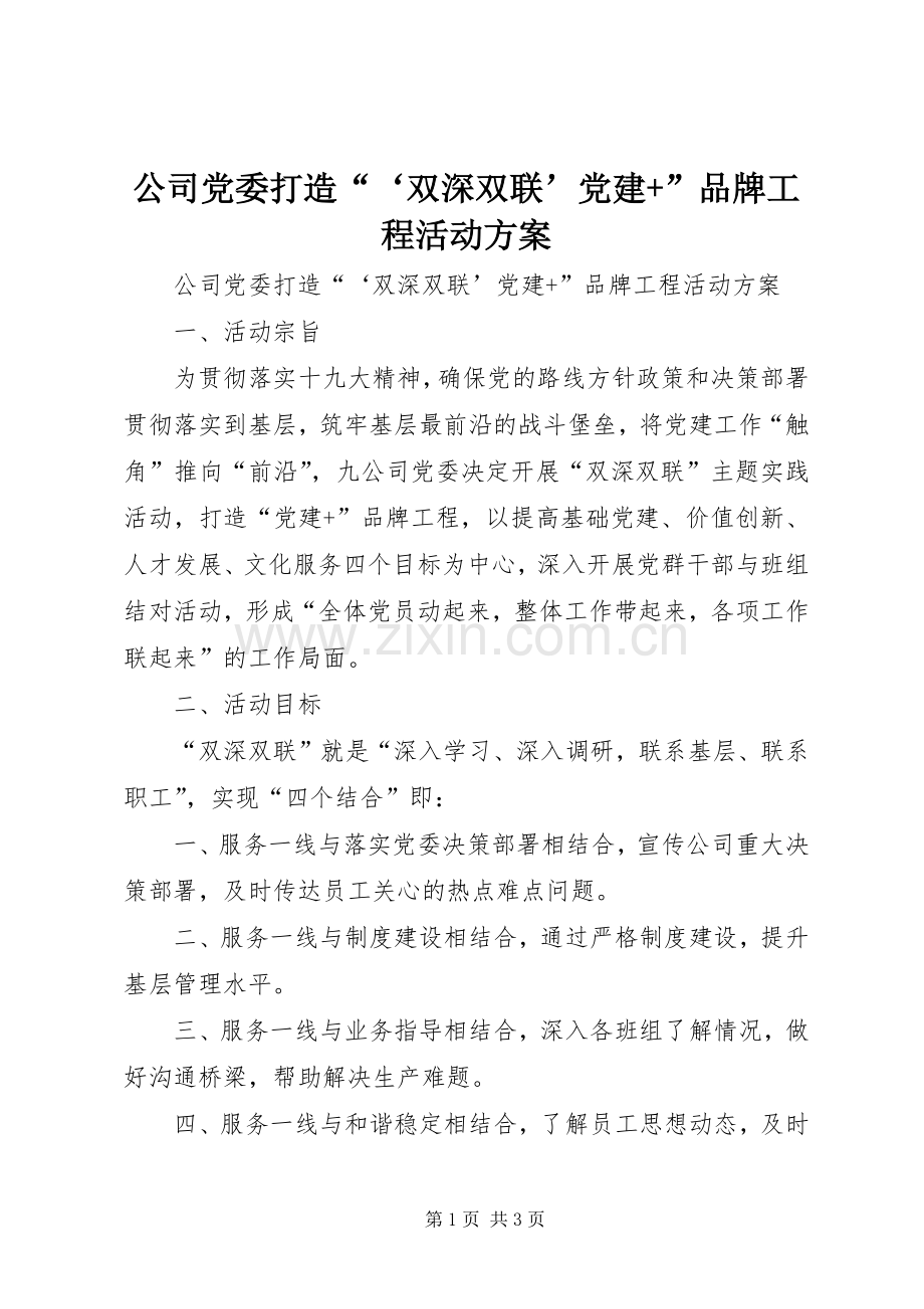 公司党委打造“‘双深双联’党建+”品牌工程活动实施方案.docx_第1页