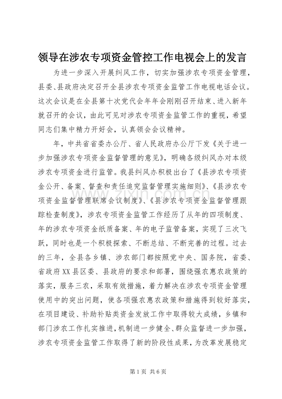 领导在涉农专项资金管控工作电视会上的发言.docx_第1页