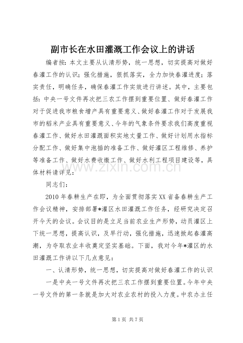 副市长在水田灌溉工作会议上的讲话.docx_第1页
