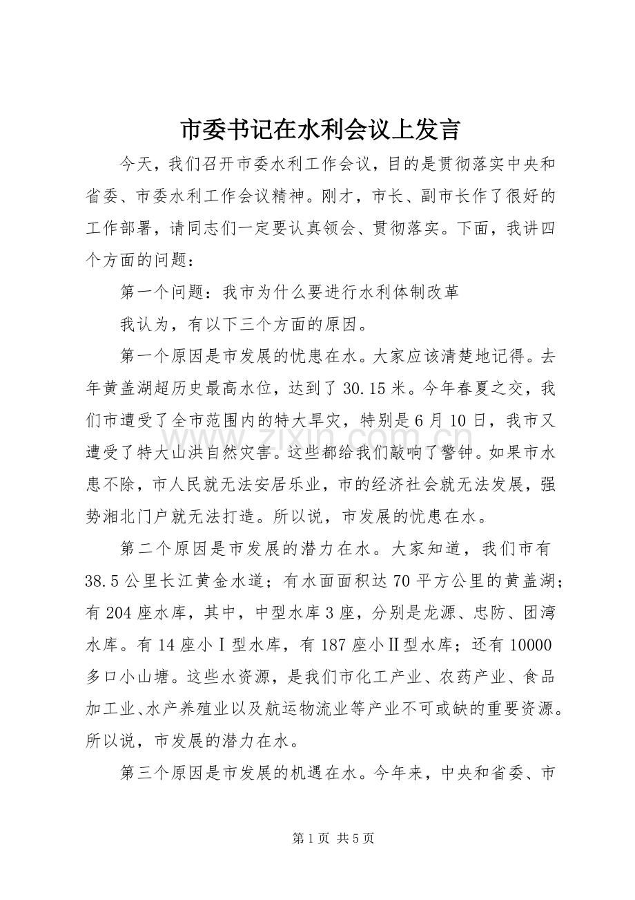 市委书记在水利会议上发言稿.docx_第1页