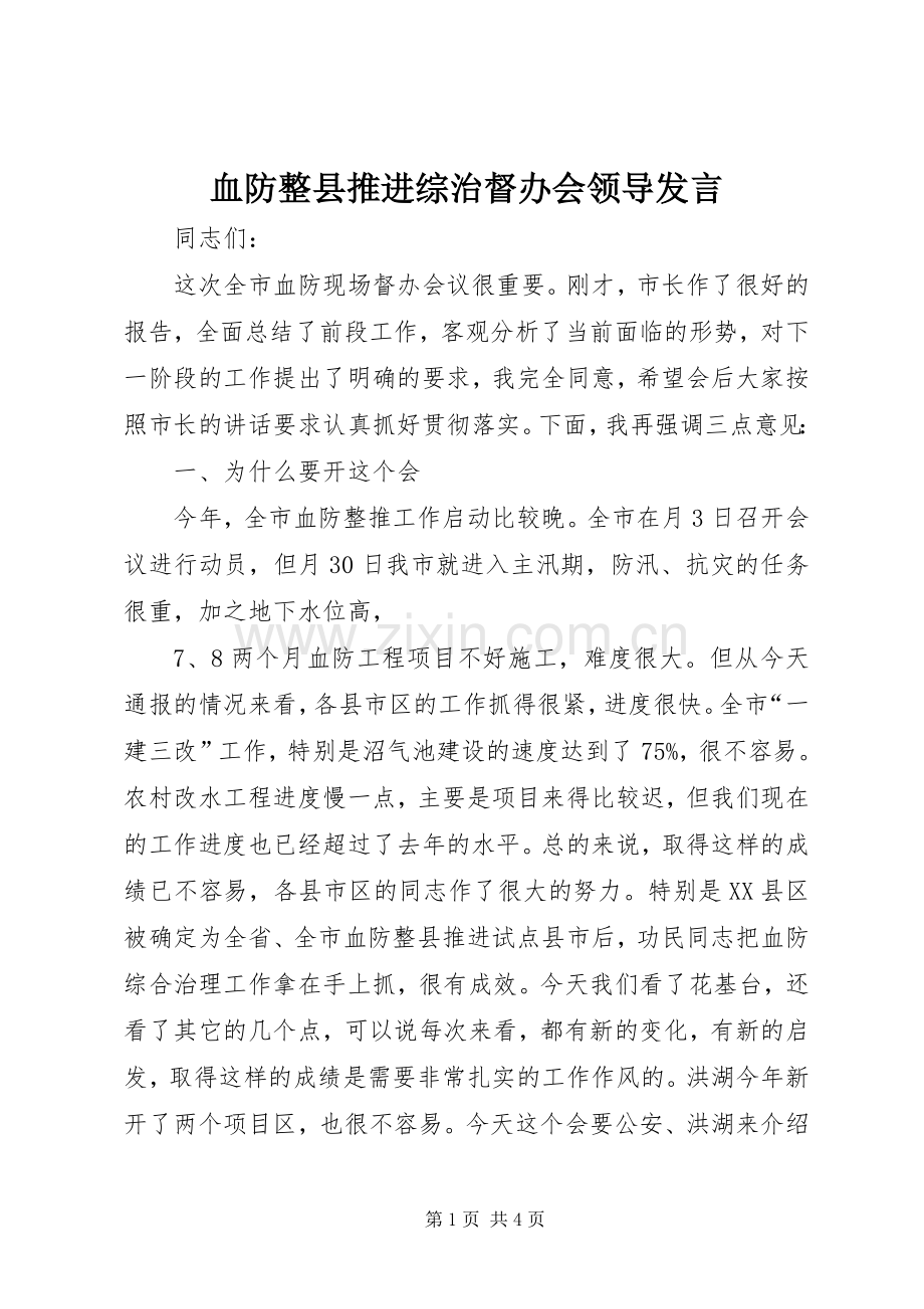血防整县推进综治督办会领导发言稿.docx_第1页