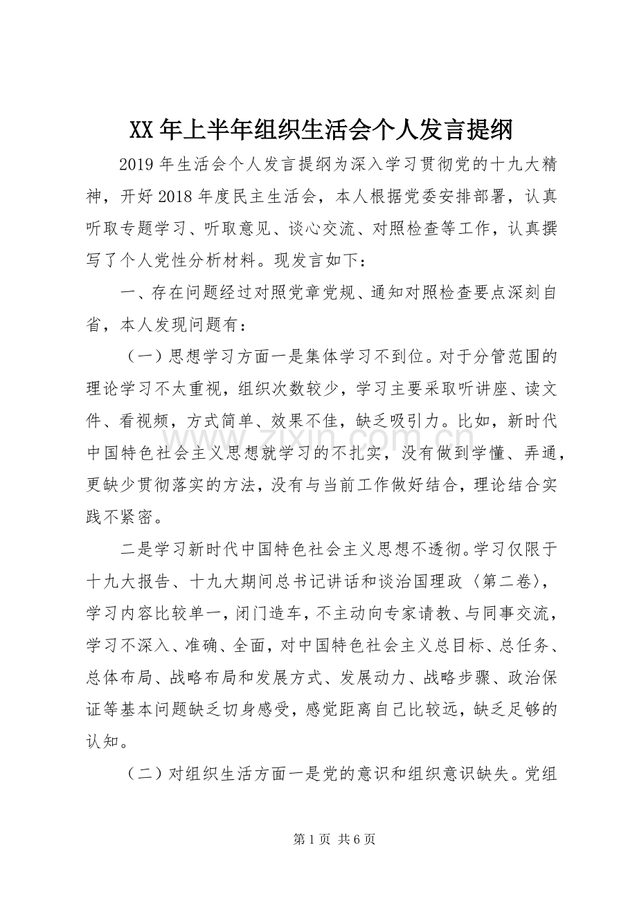 XX年上半年组织生活会个人发言提纲材料.docx_第1页