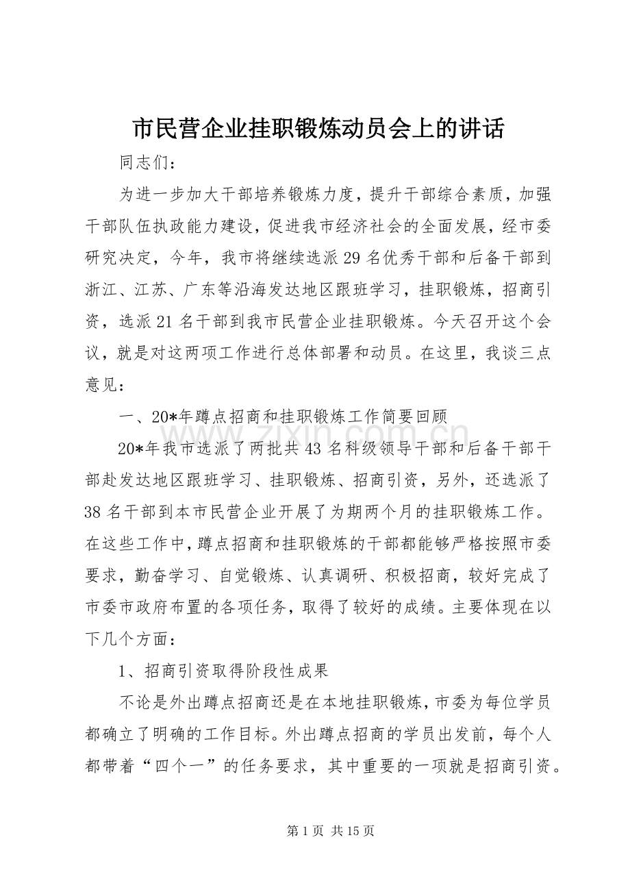 市民营企业挂职锻炼动员会上的讲话.docx_第1页