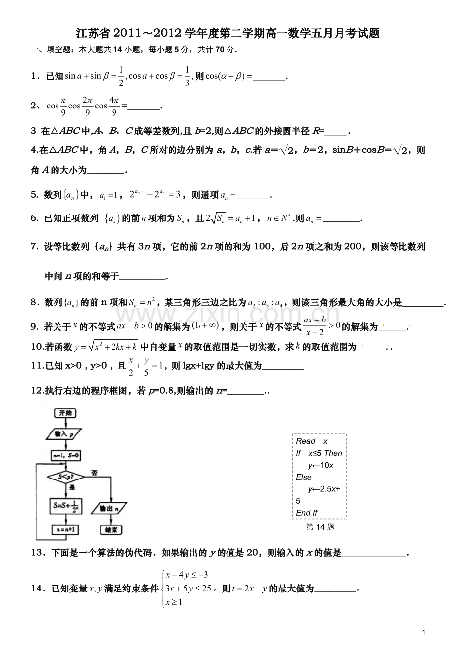 江苏省2011---2012学年度第二学期五月月考试题.doc_第1页