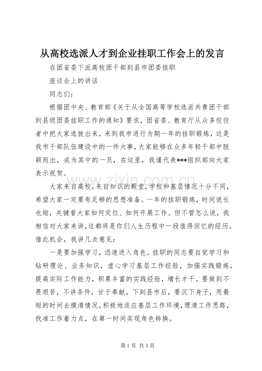 从高校选派人才到企业挂职工作会上的发言稿 (2).docx_第1页