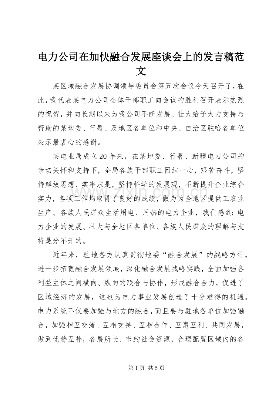 电力公司在加快融合发展座谈会上的发言范文.docx_第1页
