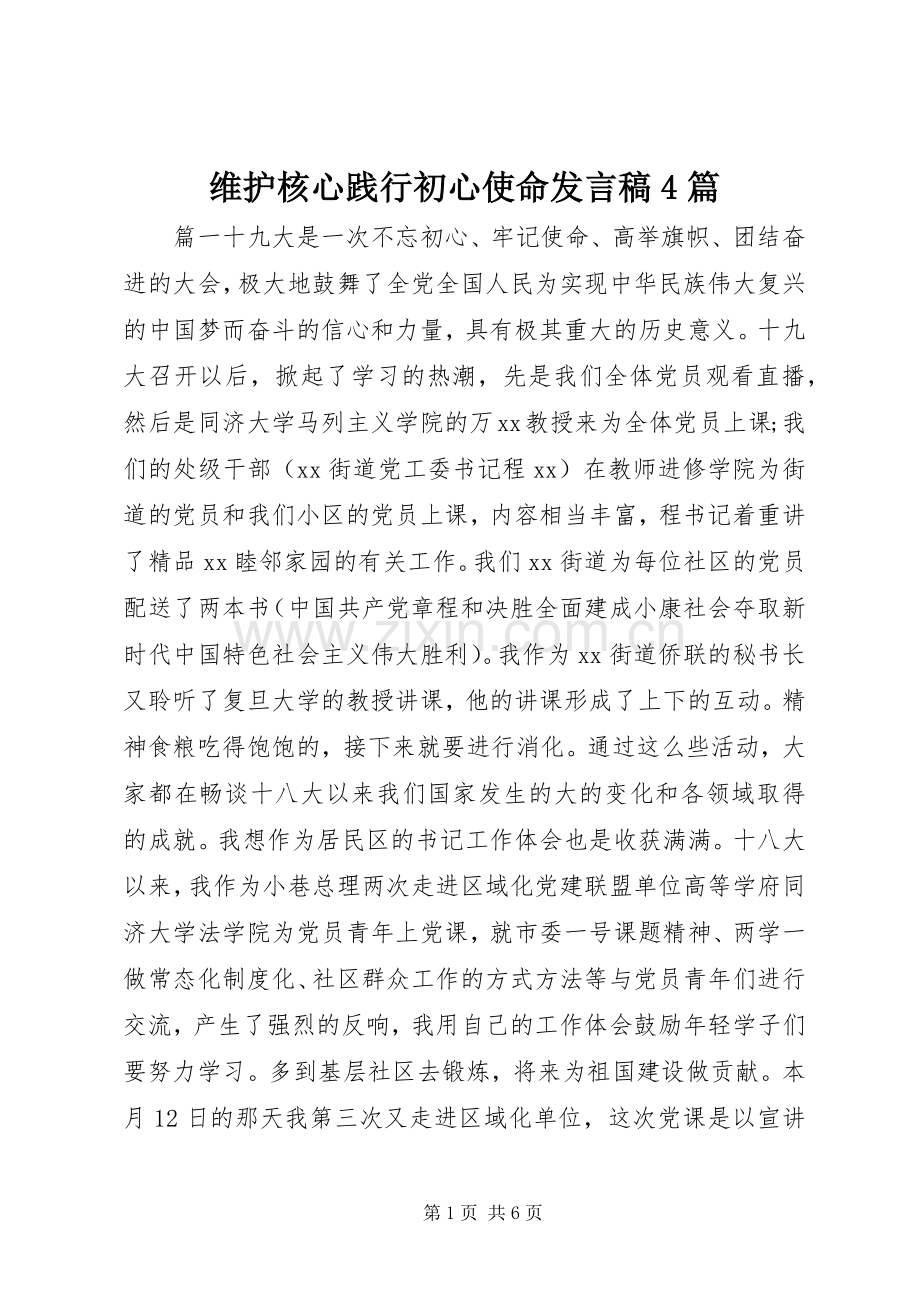 维护核心践行初心使命发言稿范文4篇.docx_第1页