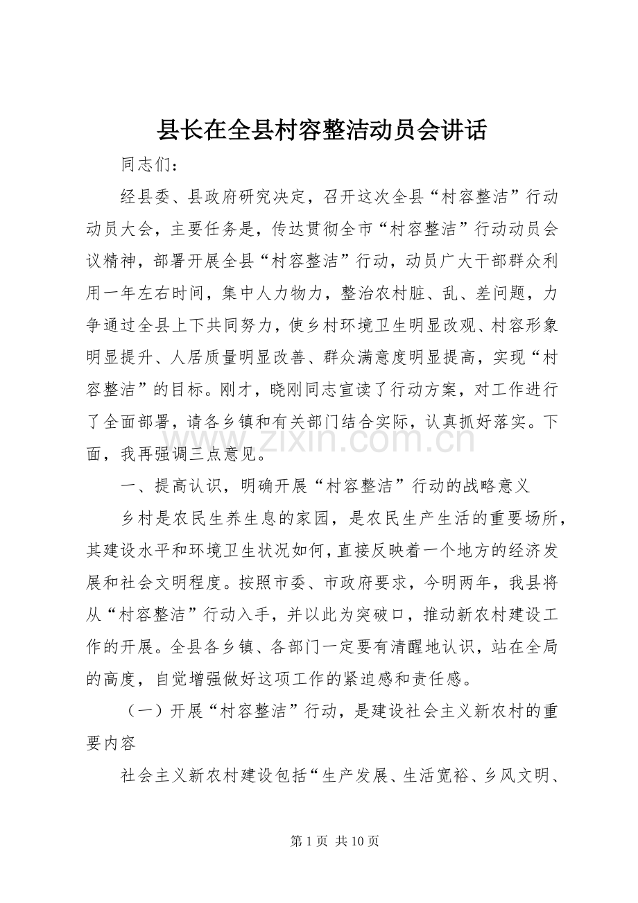 县长在全县村容整洁动员会讲话.docx_第1页