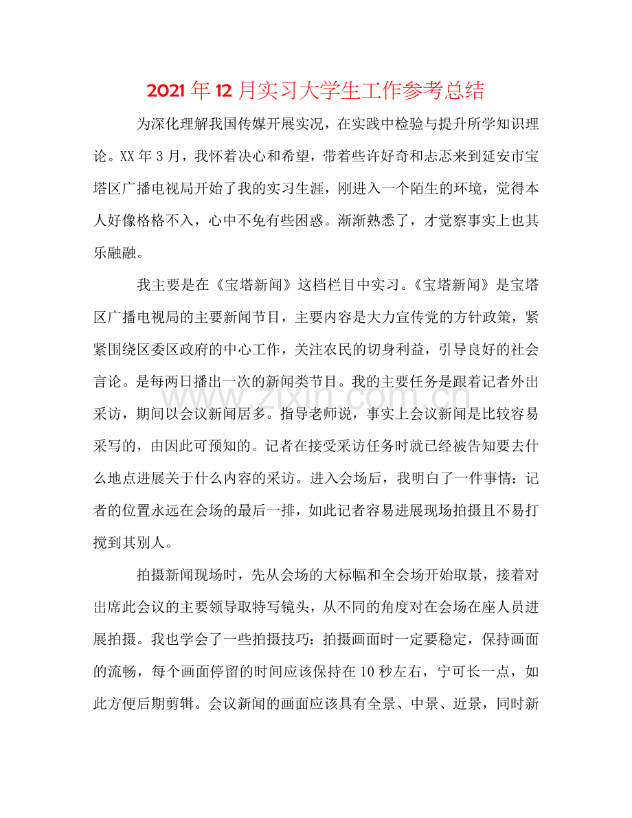 2024年12月实习大学生工作参考总结.doc_第1页