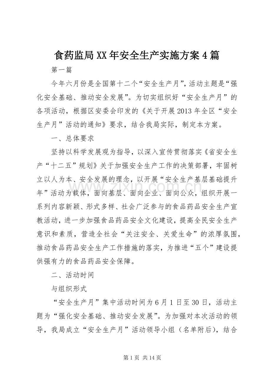 食药监局XX年安全生产方案4篇.docx_第1页