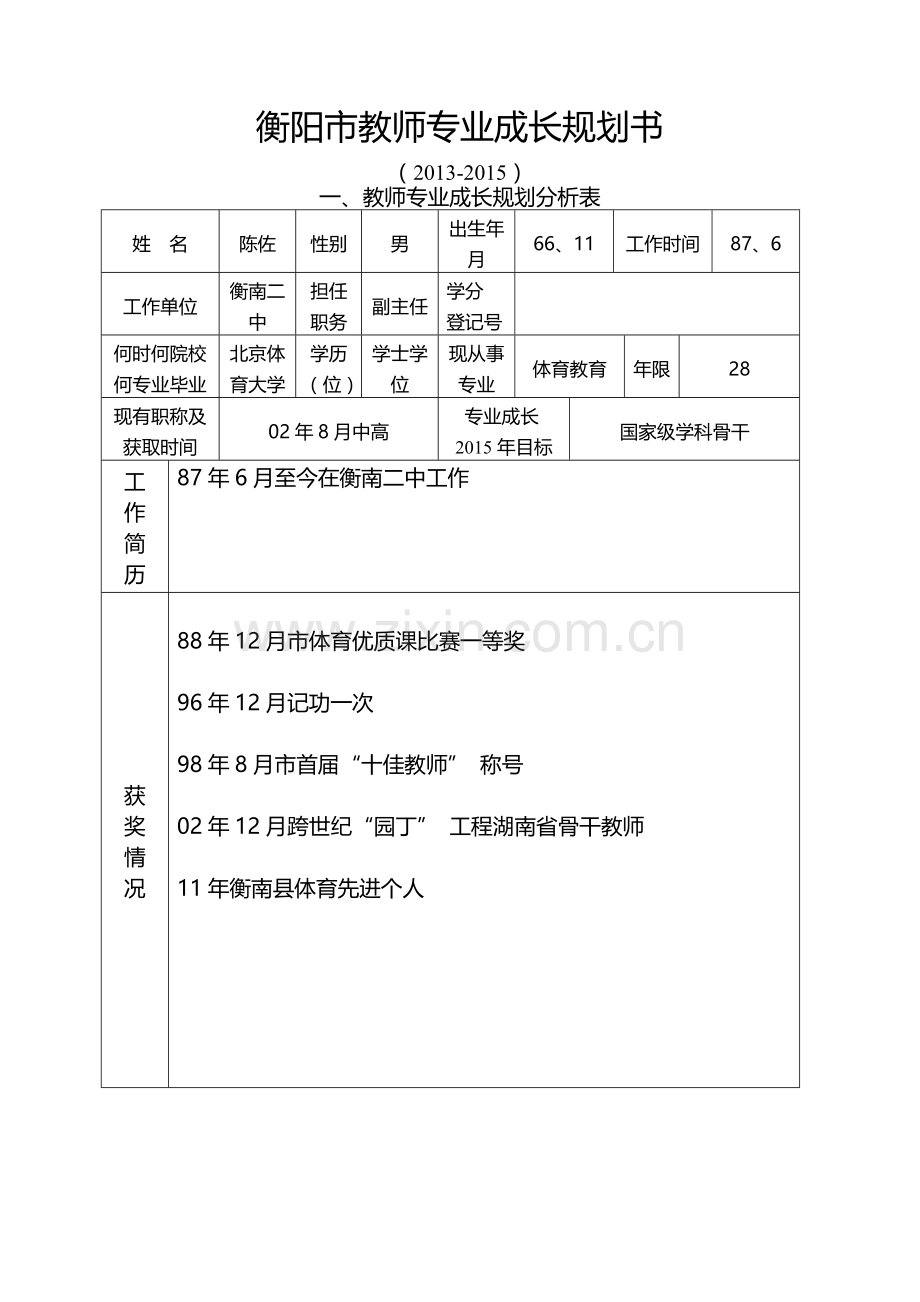 陈佐教师专业成长规划书.doc_第1页