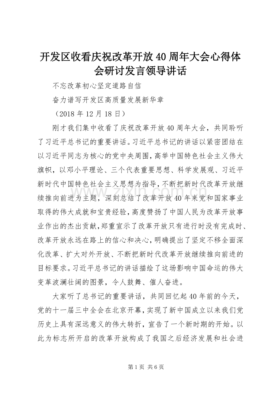 开发区收看庆祝改革开放40周年大会心得体会研讨发言稿领导讲话.docx_第1页