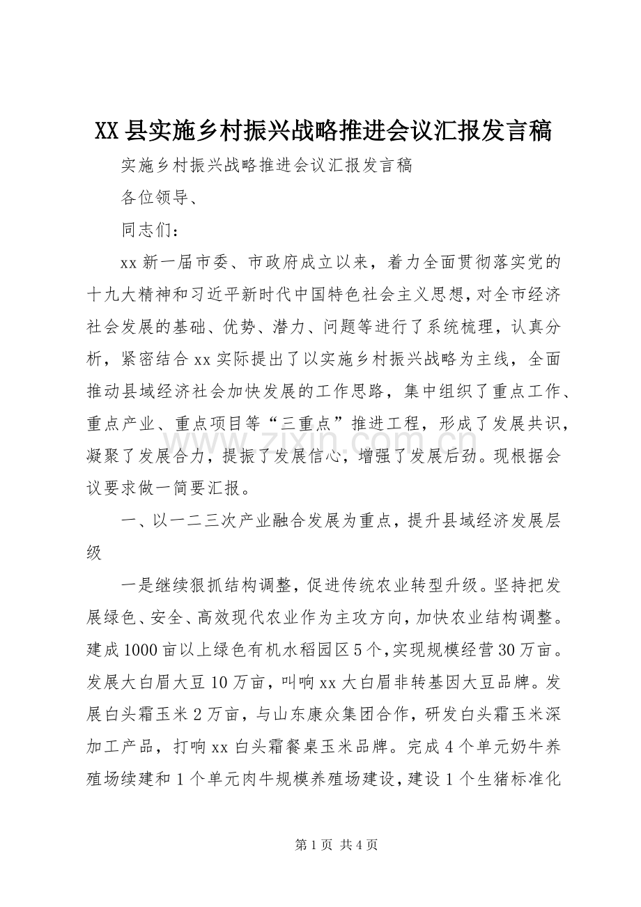 XX县实施乡村振兴战略推进会议汇报发言.docx_第1页