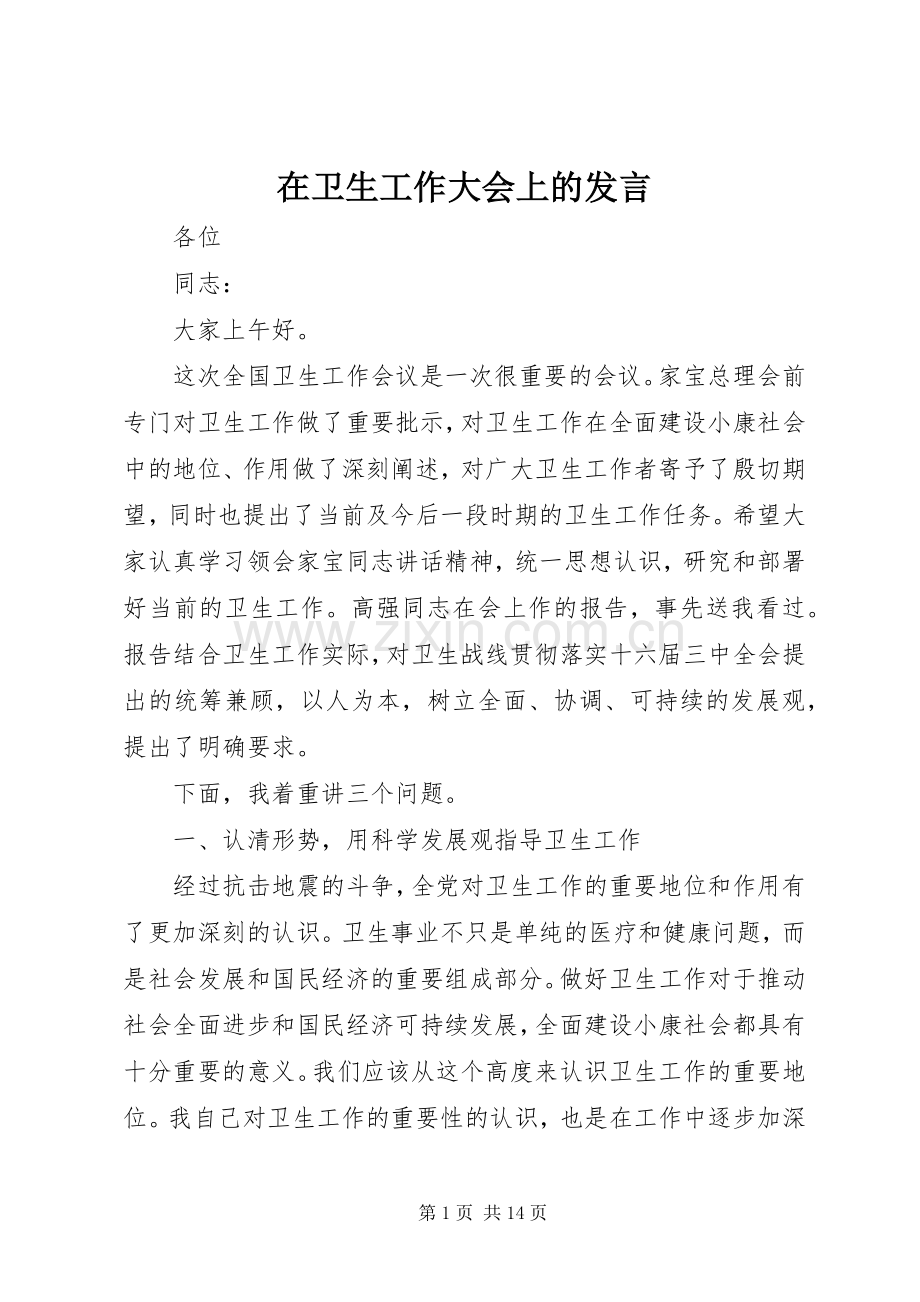 在卫生工作大会上的发言稿.docx_第1页