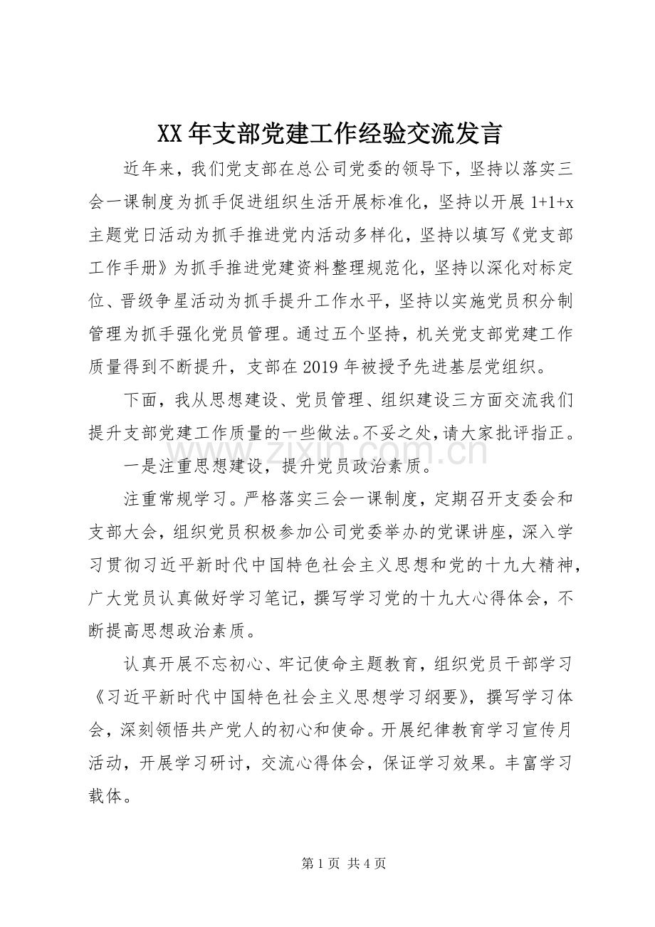 XX年支部党建工作经验交流发言稿.docx_第1页