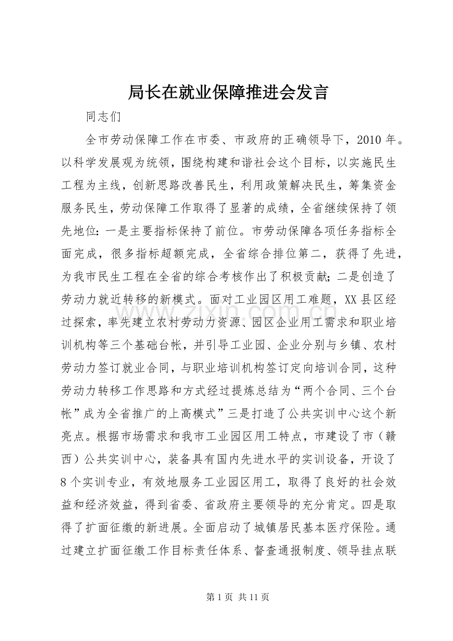 局长在就业保障推进会发言稿.docx_第1页